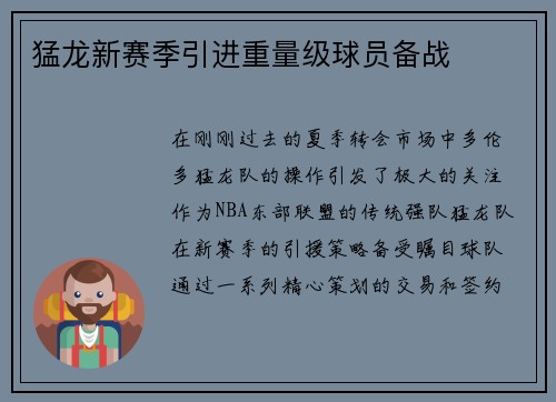 猛龙新赛季引进重量级球员备战